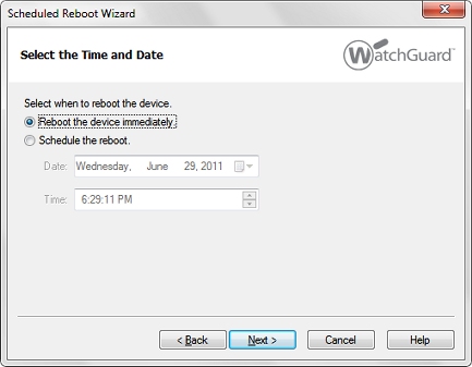 Screen shot of the Scheduled Reboot Wizard, Select the Time and Date page, Reboot the device immediately option
