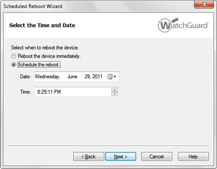 Screen shot of the Scheduled Reboot Wizard, Select the Time and Date page, Schedule the reboot option