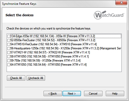 Screen shot of the Synchronize Feature Keys wizard > Select the devices page