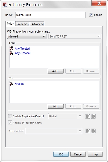 Screen shot of the Edit Policy Properties dialog box, WatchGuard policy