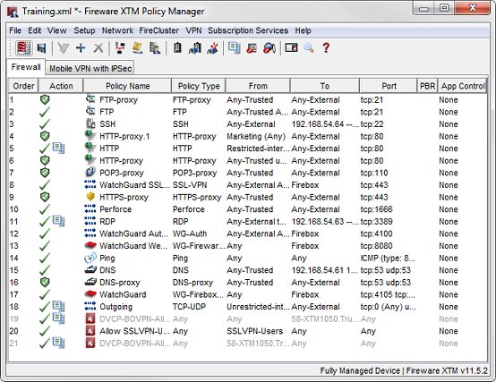 Screen shot of Policy Manager with a configuration file for a fully managed XTM device