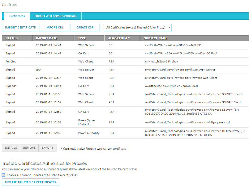 Screenshot of the Certificates page in Fireware Web UI