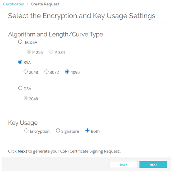 Screen shot of CSR Wizard - Key Length and Usage page