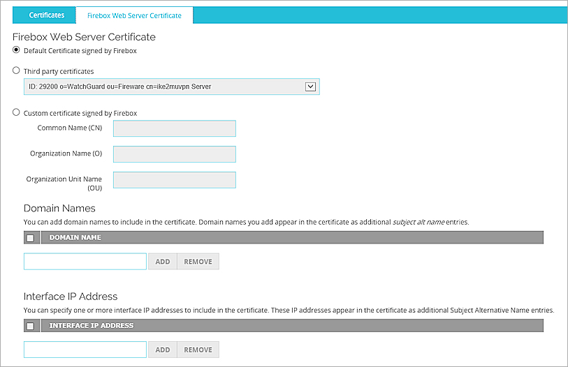 Screen shot of the Firebox Web Server Certificate page