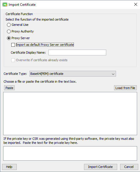 Screen shot of the Proxy Server option on the Import Certificate page