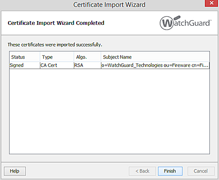 Screen shot of the Certificate Import Wizard finished page in FSM