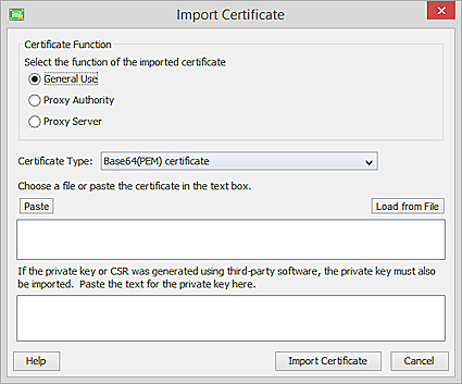 Screen shot of PEM certificate import in Firebox System Manager