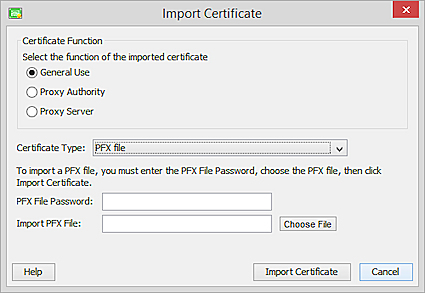 Screen shot of Import PFX certificate file in Firebox System Manager