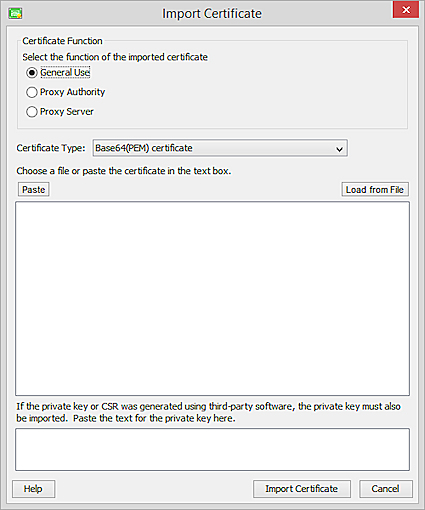 Screen shot of the FSM import certificate dialog box