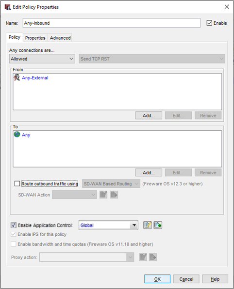 Screen Shot of the Edit Policy Properties dialog box for the Any-inbound policy