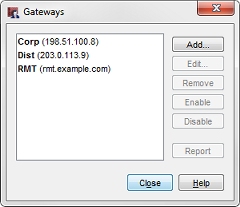 Screenshot of the Gateways dialog box.