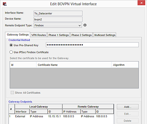 Screen shot of the BOVPN Virtual Interface Gateway Settings, Store 1 to the DC