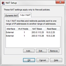 Screen shot of the NAT Setup dialog box, 1-to-1 NAT tab with two mappings, each for one host