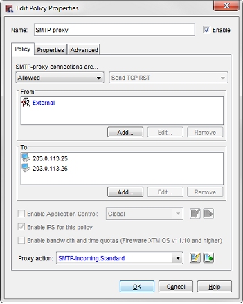 Screen shot of the Edit Policy Properties dialog box for the SMTP-proxy policy, Policy tab
