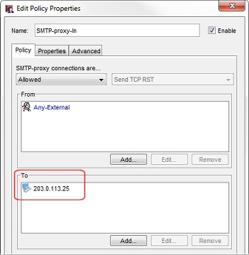Screen shot of the Edit Policy Properties dialog for the SMTP-proxy-in policy