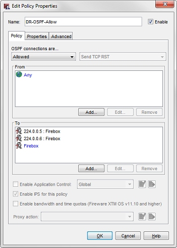 Screenshot of Policy Properties dialog box for the OSPF policy