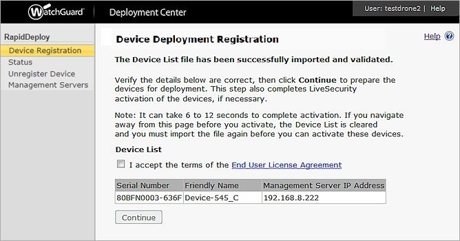 Screen shot of the Device Activation page after a the Device List was successfully imported