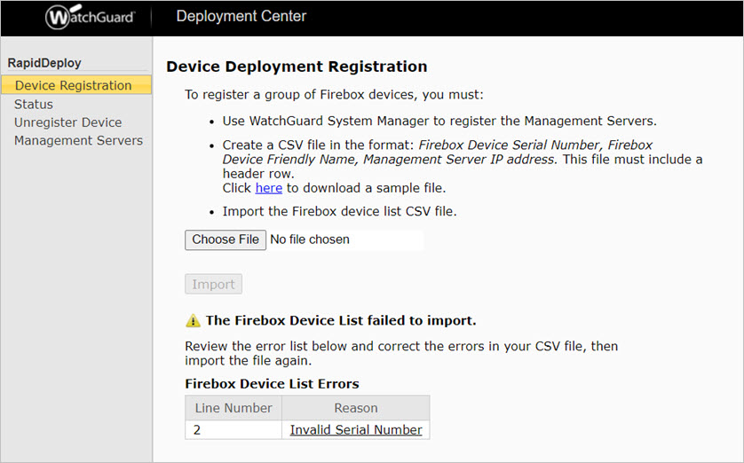 Screen shot of the Device Activation page with a Device List Import Failure message