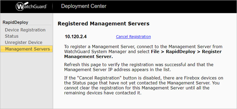 Screen shot of the Registered Mangement Servers page