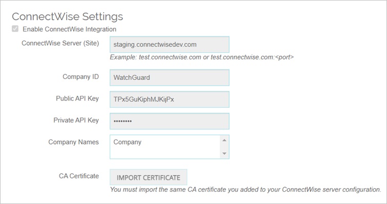 Screen shot of the ConnectWise Settings