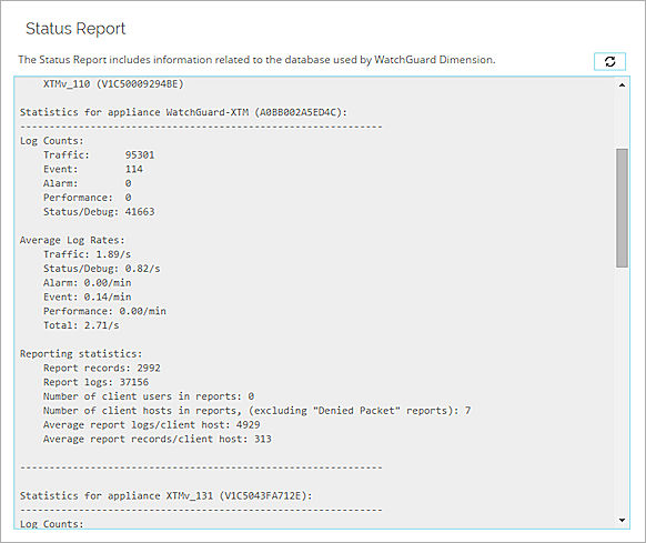 Screenshot of the Status Report page showing Log Server statistics