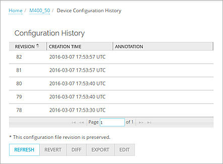 Screen shot of the Device Configuration History page