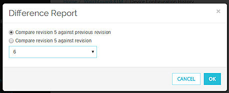 Screen shot of the Difference Report dialog box, with options to select revisions
