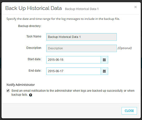 Screen shot of the Back Up Historical Data task
