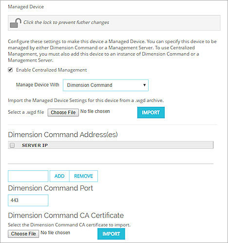 Screen shot of the Managed Device page with Dimension Command selected