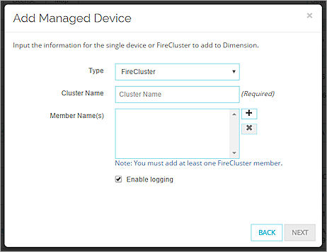 Screen shot of the Add Managed Device wizard for a FireCluster