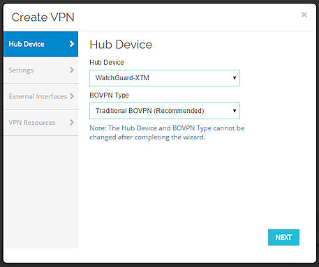 Screen shot of the Create VPN wizard, Hub Device page