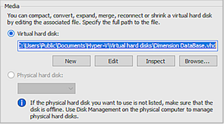 Screen shot of virtual hard disk selection in Hyper-V
