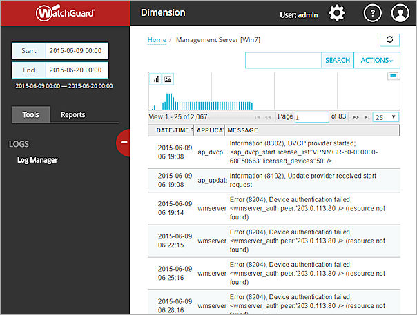 Screen shot of the Log Manager page for a WatchGuard Server