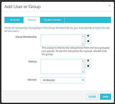 Screenshot of the Policies tab on the Add User or Group dialog box