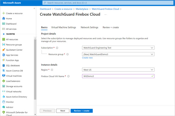 Screen shot of the Firebox Cloud template steps in Microsoft Azure