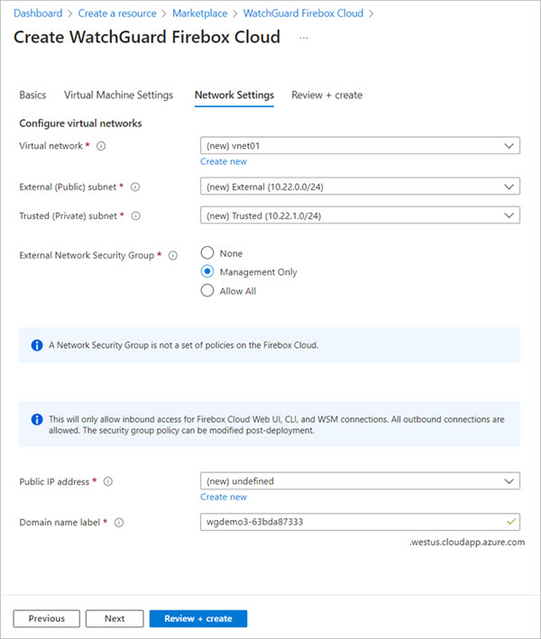 Screen shot of the Network Settings page in the Firebox Cloud Azure Wizard