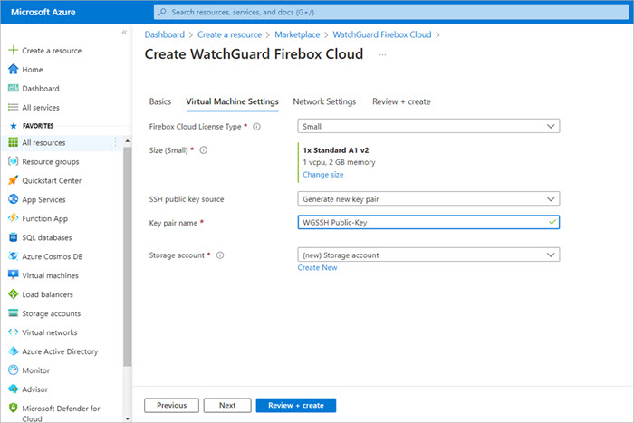 Screen shot of the Virtual Machines Settings page in Azure