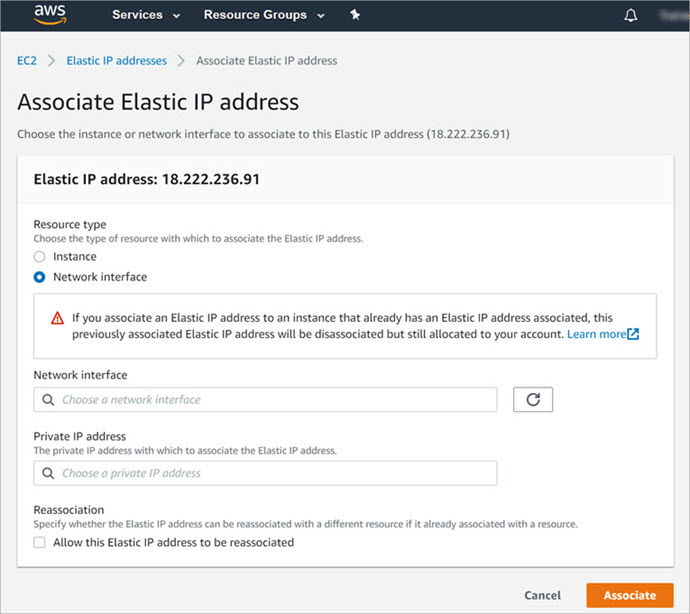 Screen shot of the Associate Elastic IP Address page
