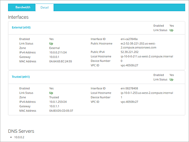 Screen shot of the Interfaces dashboard, Detail tab for a Firebox Cloud instance on AWS