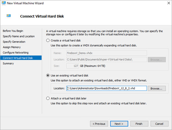 Screen shot of the New Virtual Machine Wizard, Connect Virtual Hard Disk