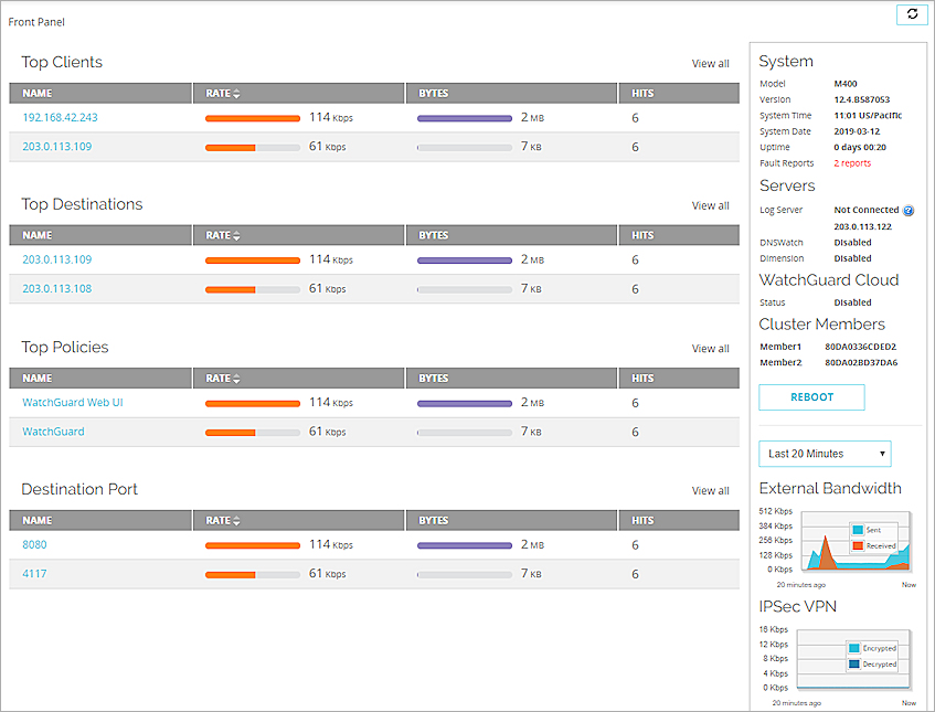 Screen shot of Fault Reports location on the Dashboard > Front Panel page