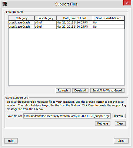 Screen shot of the Support Logs dialog box