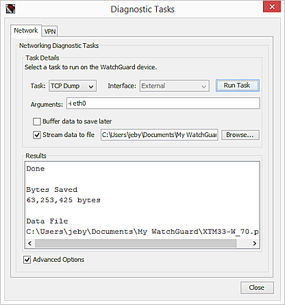 Screen shot of the Diagnostic Tasks dialog box, with TCP Dump task results