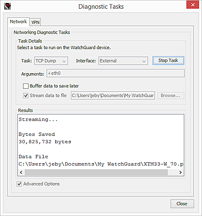 Screen shot of the Diagnostic Tasks dialog box, with a TCP Dump task running