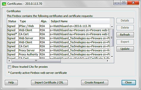 Screen shot of the FSM Certificates dialog box