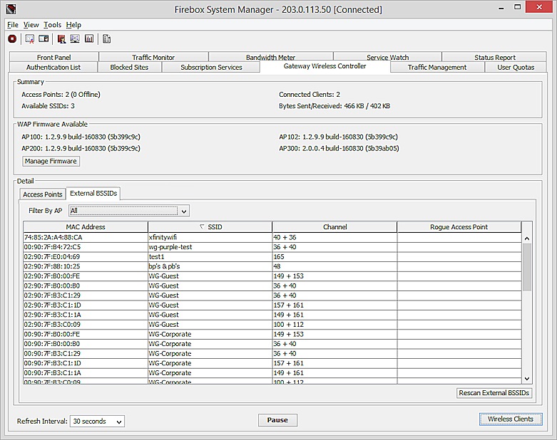 Screen shot of the Gateway Wireless Controller > External BSSIDs tab with scan results