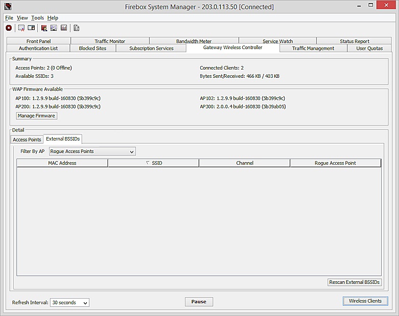 Screen shot of the GWC > External BSSIDs tab with Rogue Access Points selected
