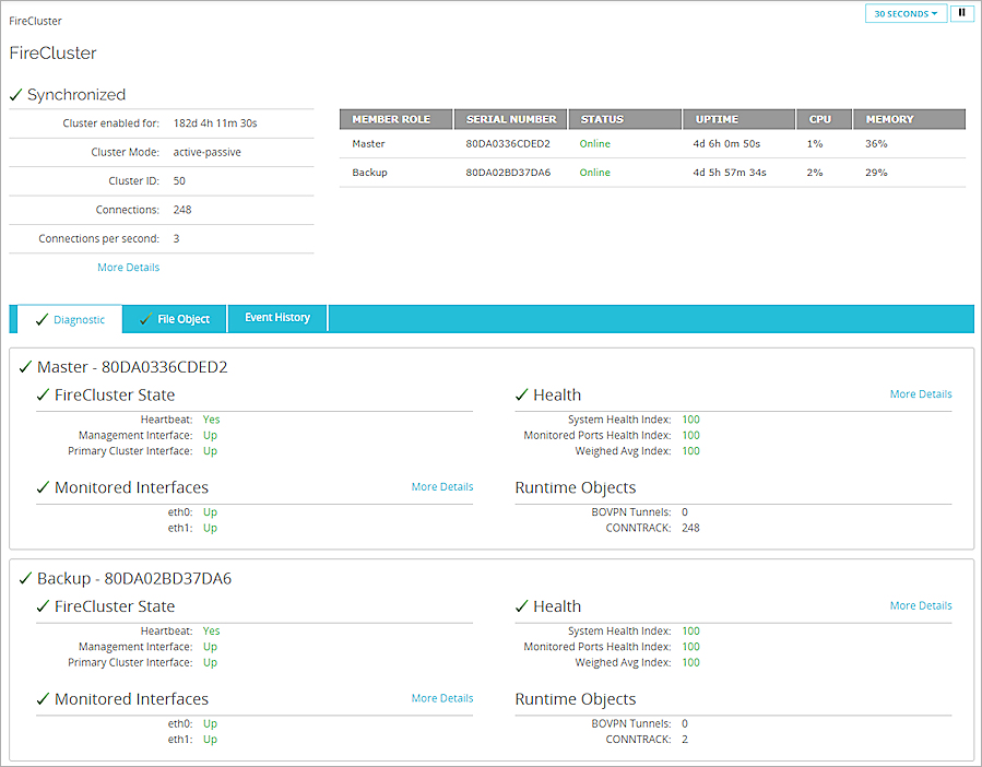 Screen shot of the FireCluster Diagnostics page