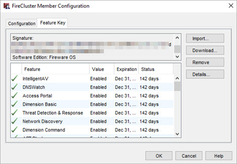 Screenshot of the FireCluster Member Configuration dialog box, Feature Key tab 