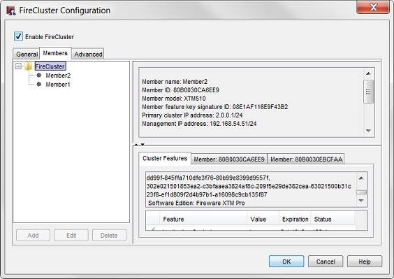 Screenshot of the FireCluster Configuration dialog box, Members tab
